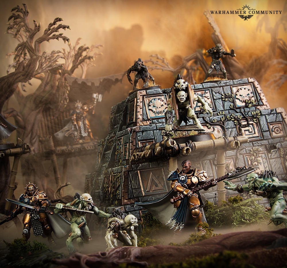 An image from Warhammer Warcry Nightmare Quest of miniatures atop the Realmshaper Engine